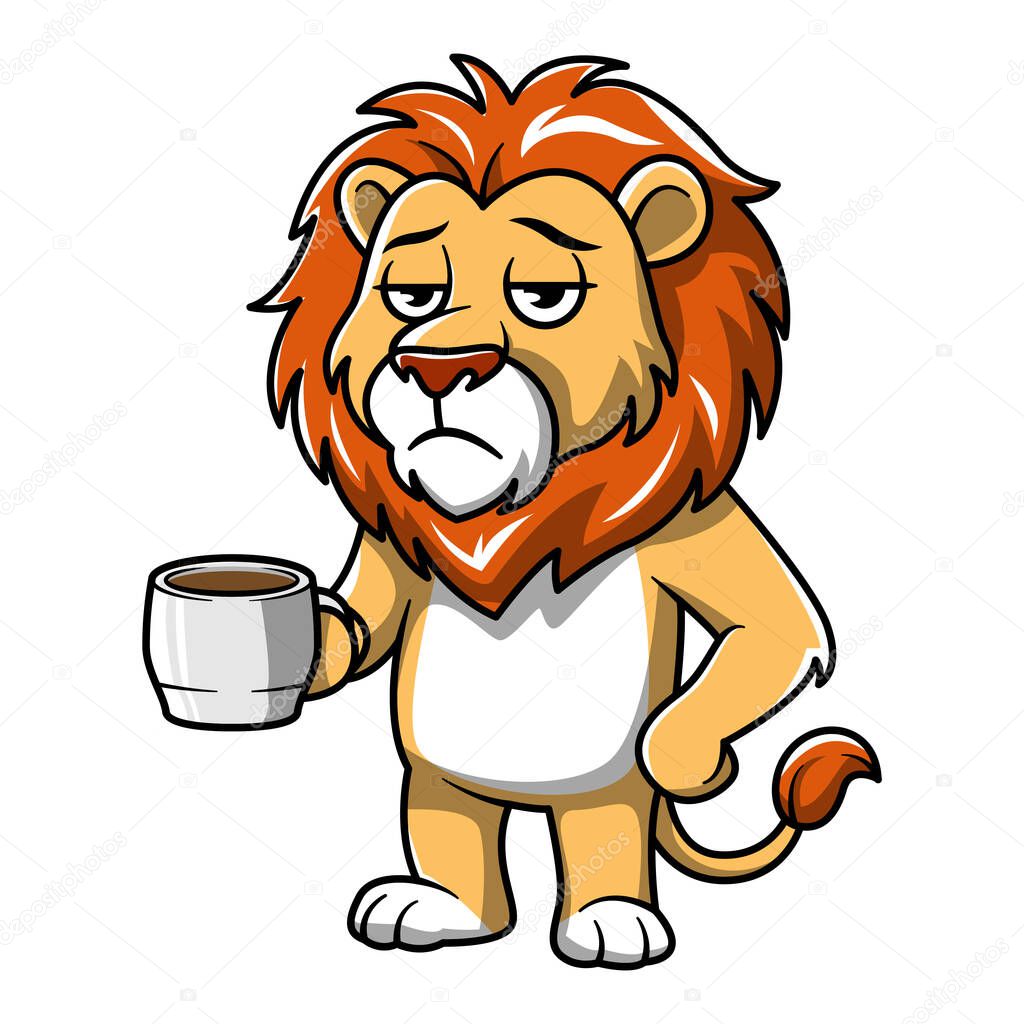 Cartoon Lion Holding Coffee With Tired Expression