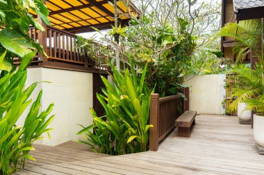 Evin önünde bir tezgah ve bitki olan ahşap bir güverte. Güverte yeşillikle çevrili ve sarı bir şemsiyesi var.