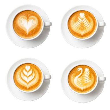 Üzerinde farklı tasarımlar olan dört fincan kahve. Tasarımlarda bir kalp aşkı, Rosetta, Tulip ve kuğu var.