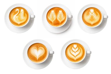 Üzerinde farklı tasarımlar olan beş fincan kahve. Tasarımlar arasında bir kalp aşkı, Rosetta, Tulip, Swan ve Double Rosetta var.