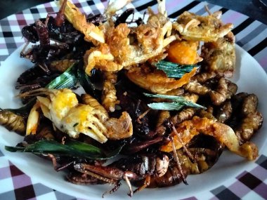 Kızarmış yengeç, ipek böceği pupası ve çekirge tabağı. Geleneksel Kuzeydoğu Tayland sokak yemekleri (Isan), çıtır, yenilebilir böcekler ve egzotik yerel mutfağın yer aldığı.