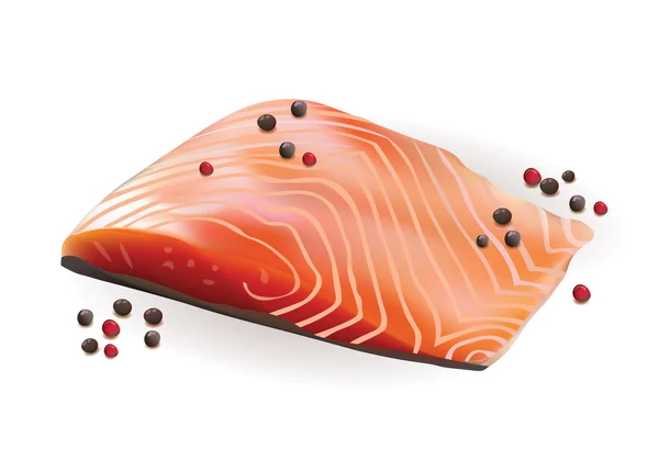 Filete fresco de la rebanada del salmón crudo del vector con el papel rojo y negro — Vector de stock
