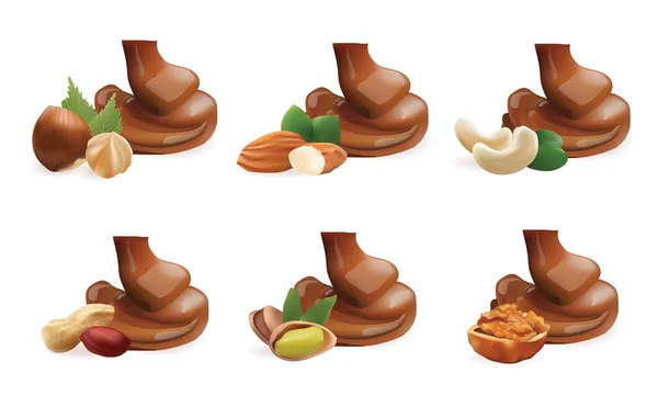 Vektor reális gyűjteménye folyadék ömlött a csokoládé és a különböző Nuts elolvadt. Elszigetelt fehér Background — Stock Vector