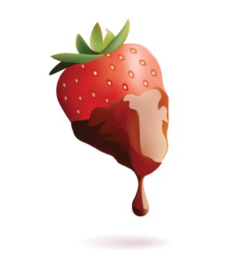 Vektör gerçekçi koyu sıvı eritilmiş çikolata çilek Illusatratin. Beyaz arka plan üzerinde izole