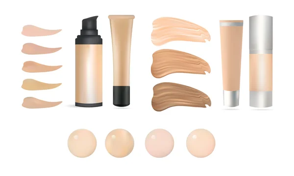 Vector realistische make-up Foundation flessen en Containers met tinten kleurenpalet. Illustratie van Beauty Priduct arrangement, sjabloon. Geïsoleerd op witte achtergrond. — Stockvector