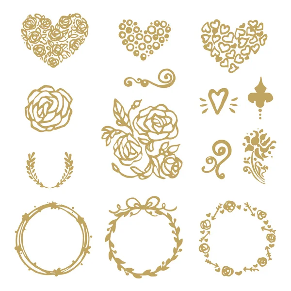 Wektor ręcznie rysowane zestaw okrągłe złote ramki, Flovers, serca, wieńce. Izolowane na białym tle — Wektor stockowy