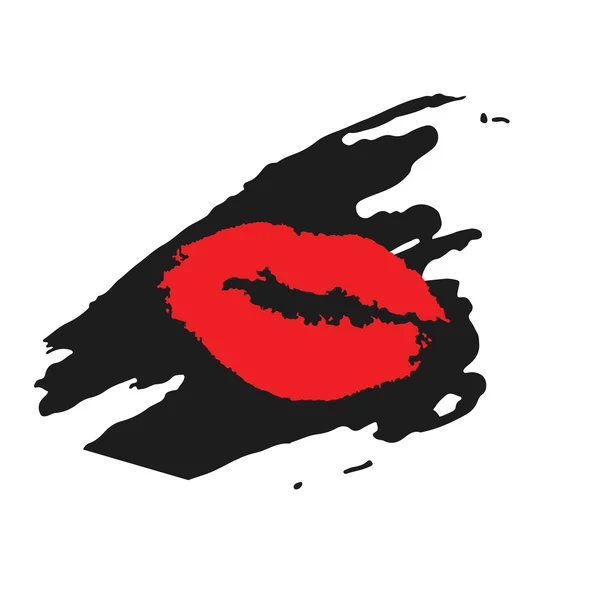 Timbro bacio vettoriale con rossetto rosso su colpo grunge nero. Isolato su sfondo bianco . — Vettoriale Stock