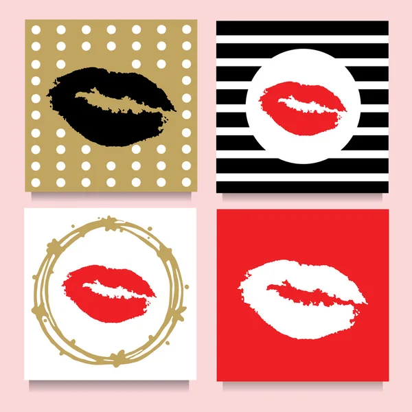 Set di carte vettoriali con baci lipstici in cornici, strisce, punti. Rosso, dorato, nero, bianco . — Vettoriale Stock