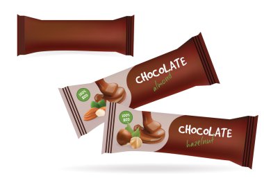 Vektör Kahverengi Boş Gıda Ambalaj Bisküvi, Gofret, Tatlılar, Çikolata Bar, Candy Bar, Snacks için . Tasarım Şablonu. Fındık Toplama Şablonları ile Çikolata Bar.