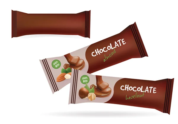 Vektör Kahverengi Boş Gıda Ambalaj Bisküvi, Gofret, Tatlılar, Çikolata Bar, Candy Bar, Snacks için . Tasarım Şablonu. Fındık Toplama Şablonları ile Çikolata Bar.