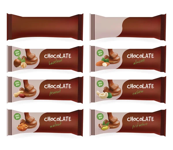 Vector Brown Blank Food Packaging For Biscuit, Wafer, Sweets, Chocolate Bar, Candy Bar, Snacks . Design Template. Chocolate Bar with Nuts Collection Templates. Isolated On White Background. — Stock Vector