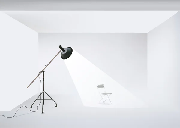 Estudio fotográfico vectorial con equipo de iluminación y silla — Vector de stock