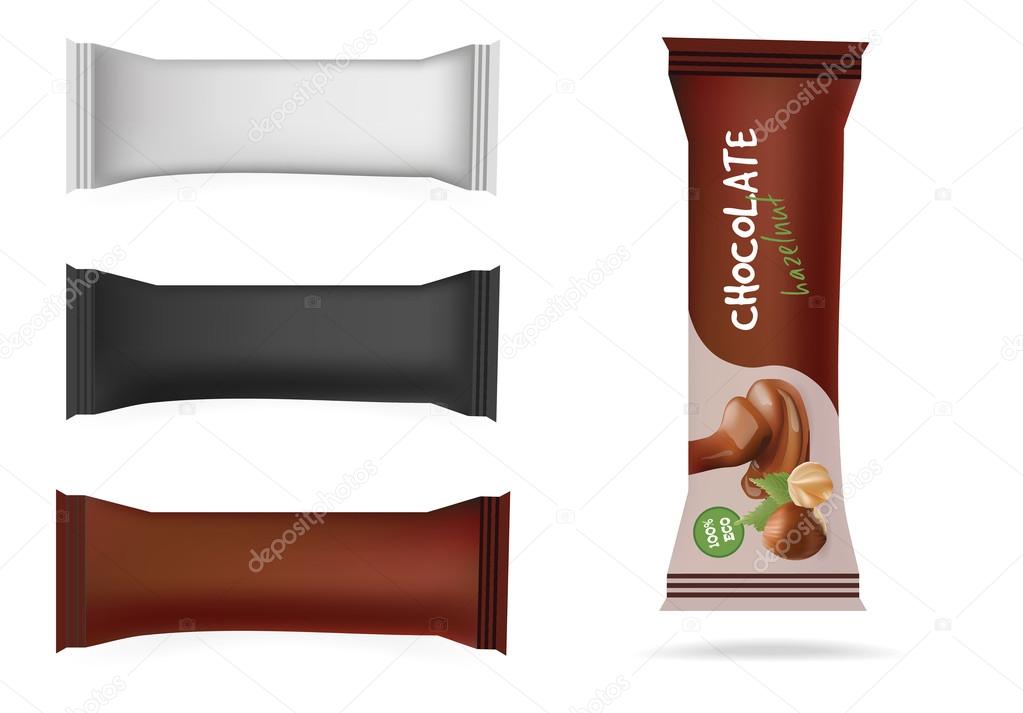 Vector White, Black, Brown Blank Food Packaging For Biscuit, Wafer, Sweets, Chocolate Bar, Candy Bar, Snacks . Design Template. Chocolate Bar with HazelNuts Template. 