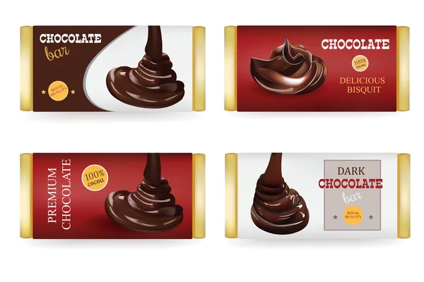 Chocoladereep ontwerp templates geïsoleerd op witte achtergrond. Vloeibare Puurende chocolade en tekst op de verpakking — Stockvector