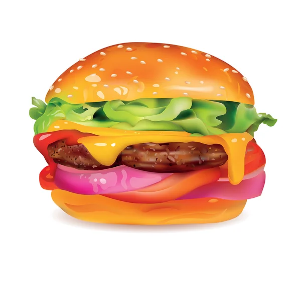 大美味的汉堡与肉、 奶酪、 洋葱、 西红柿和生菜 — 图库矢量图片