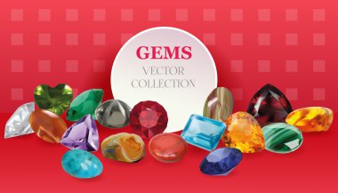 Vector Realistic Gems Jewelry Stones Big Collection Composition  On Red Background clipart
