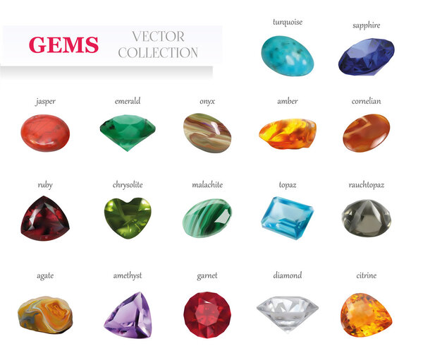 Vector Realistic Gems Jewelry Stones Big Collection. Isolated On White Background