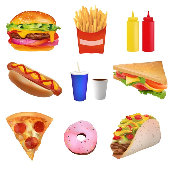 Gerçekçi lokanta Set vektör. Burger, Pazza, Taco, içecek, kahve, patates kızartması, sosisli sandviç, sandviç, çörek, ketçap, hardal. On izole beyaz arka plan