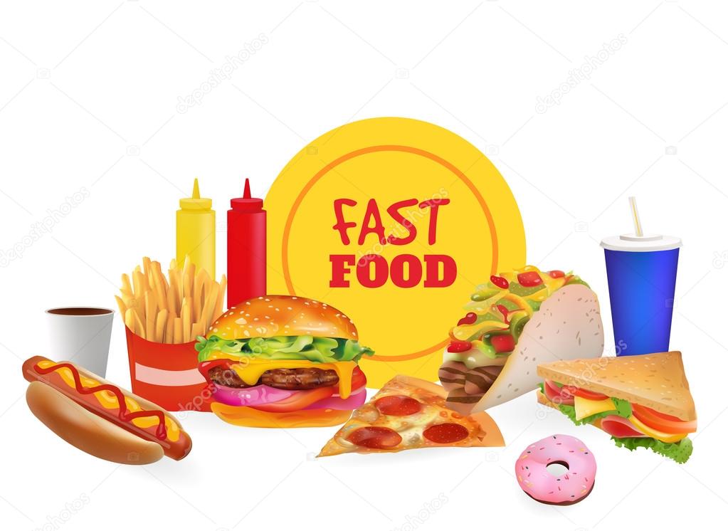 Vector Realistic fast Food Set Composition. Burger, Pazza,Taco, Beverage, Coffee, French Fries, Hot Dog, Sandwich, Donut, Ketchup, Mustard. Isolated On White background