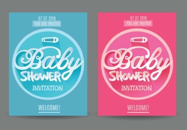 Bebek Hediyeleri Partisi Davetiyesi erkek ve kız için vektör. Mavi ve pembe. Gri arka plan üzerinde izole