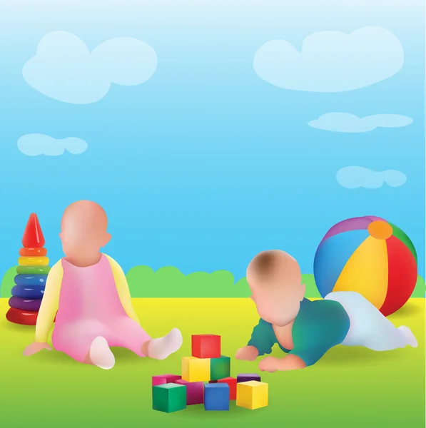 Vektor-Illustration von Babys mit Spielzeug draußen im Gras — Stockvektor