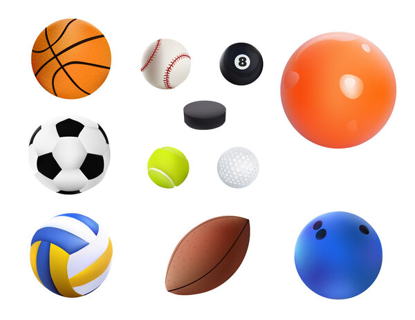 Векторная иллюстрация Набор реалистичных спортивных мячей. на белом фоне
