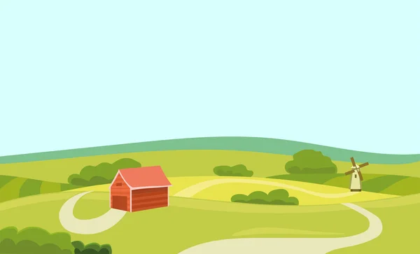 Granja Vector Ilustración plana. Campo y Casa. Agricultura y concepto de alimentos naturales frescos. Paisaje de campo — Vector de stock