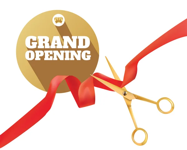 Gouden schaar snijd het rode lint. Het symbool van het grootse openingsevenement. Vector object. Ontwerp element. Titel Grand opening in cirkel gouden frame. Sjabloon voor kaart, poster, Web, uitnodiging. — Stockvector