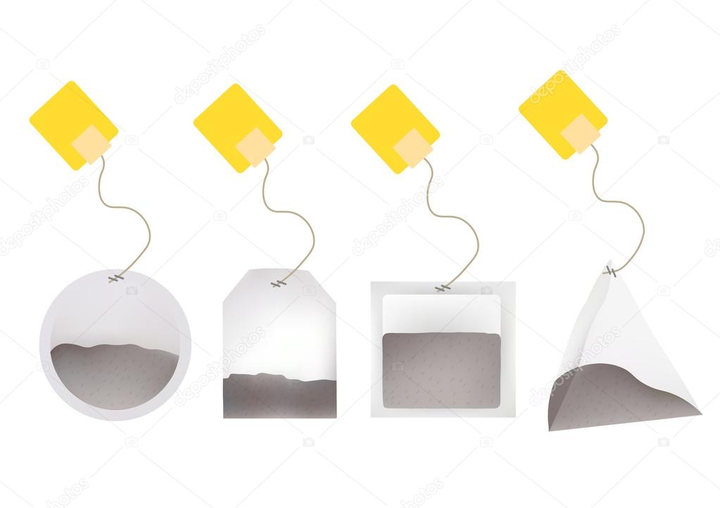 Tea Bags Illustration with Labels In Round, Rectangle, Square, Pyramid Shapes. Vector Template Illustration For Your Design. Isolated On White Background.