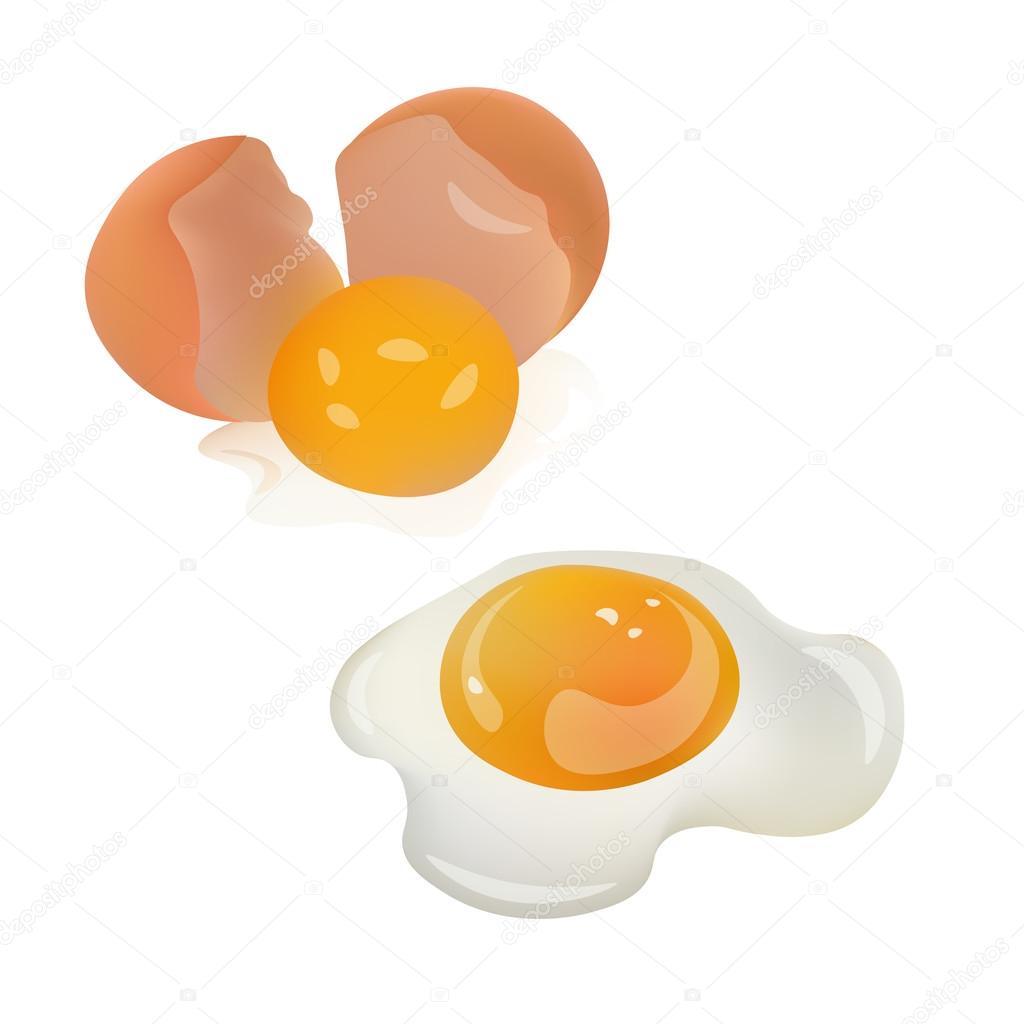 Cracked, Broken Egg and Fried Egg Realistic Vector Illustration Isolated On White Background Icons