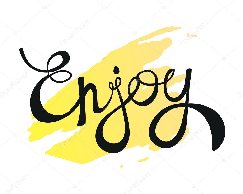 Enjoy Calligraphic Grunge Lettering. Hand Drawn Ink Text. Yellow Backdrop Stroke. Vector design element.