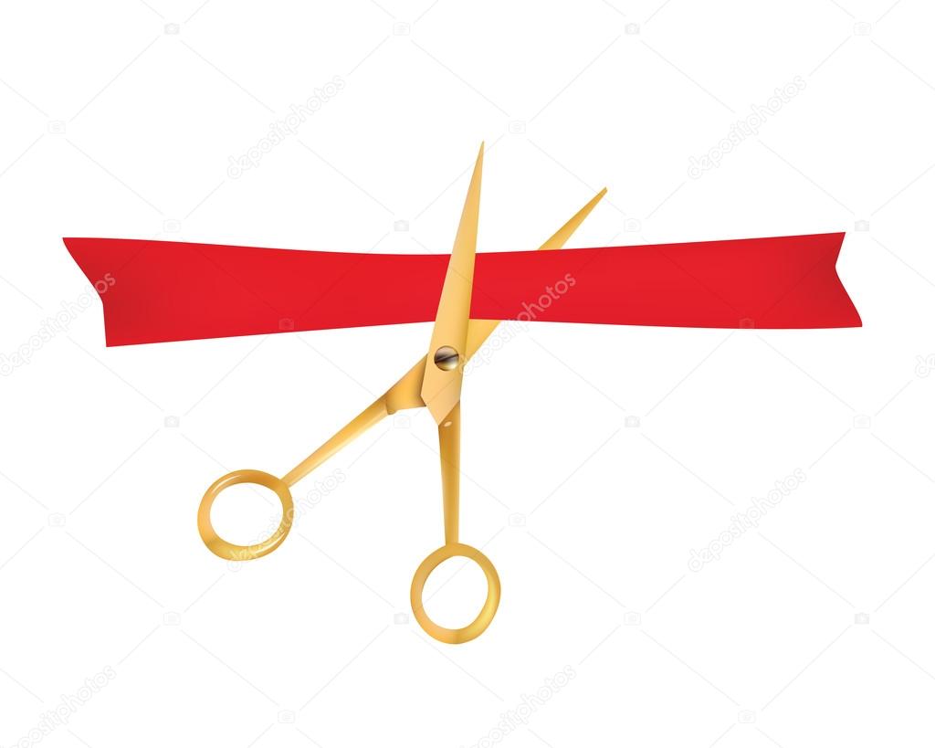 Golden scissors cut the red ribbon. The Symbol of the Grand Opening Event. Vector Object. Design Element.