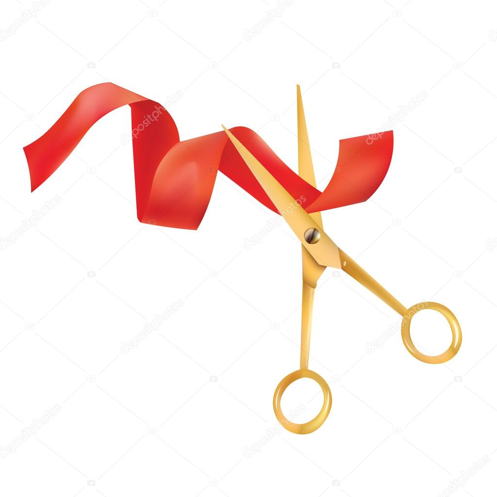 Golden scissors cutting red ribbon realistic Vector Image