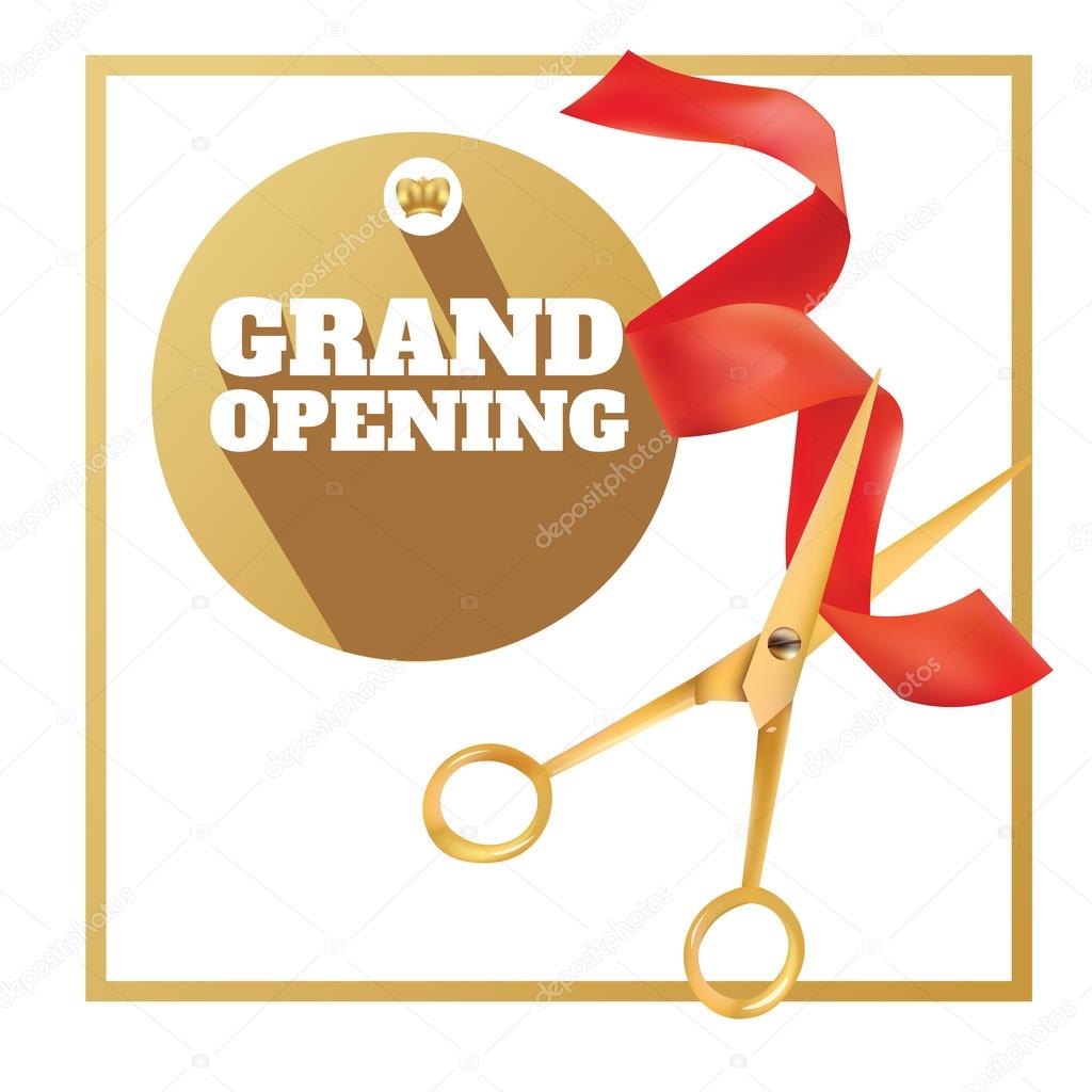 Gold Scissors Cutting Red Ribbon Opening Stock Vector (Royalty