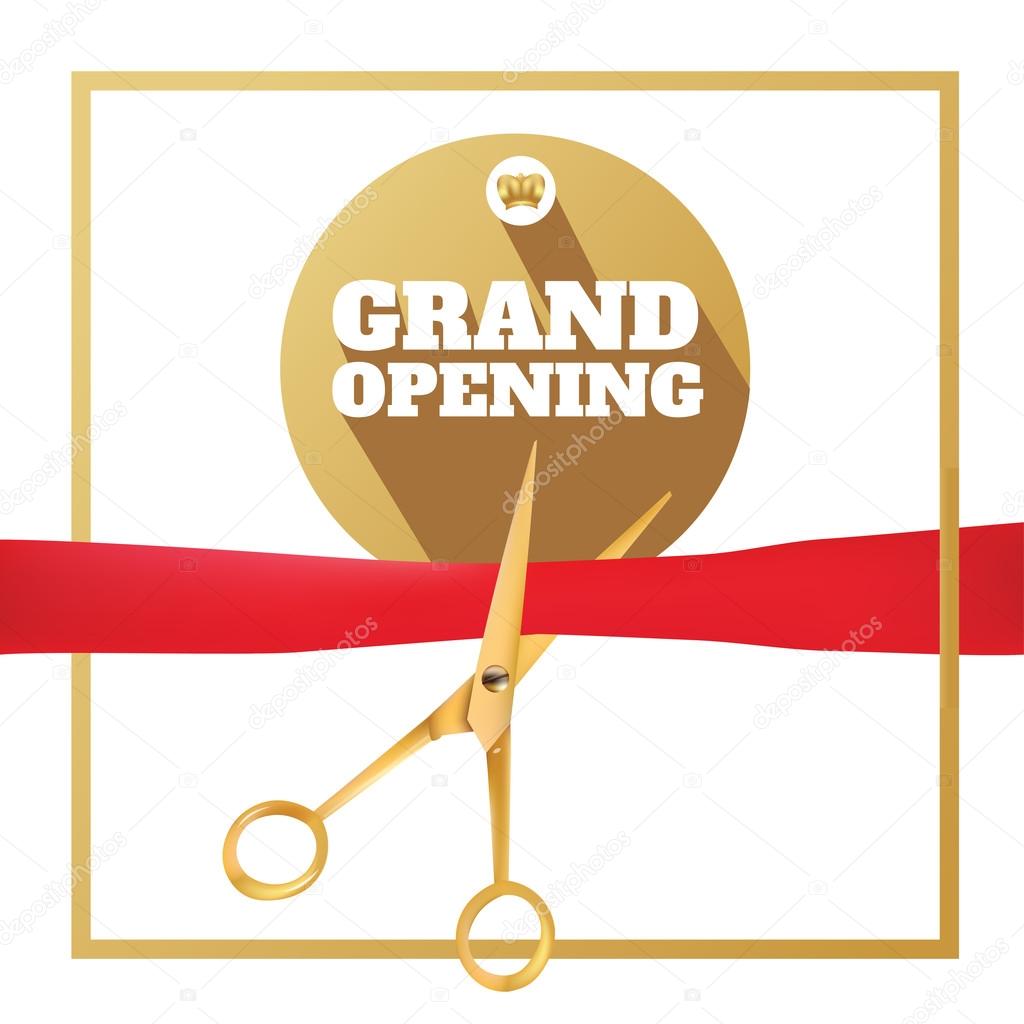 Golden scissors cut the red ribbon. The Symbol of the Grand Opening Event. Vector Object. Design Element. Title Grand Opening In Circle Gold Frame. Template for Card, Poster, Web, Invitation.