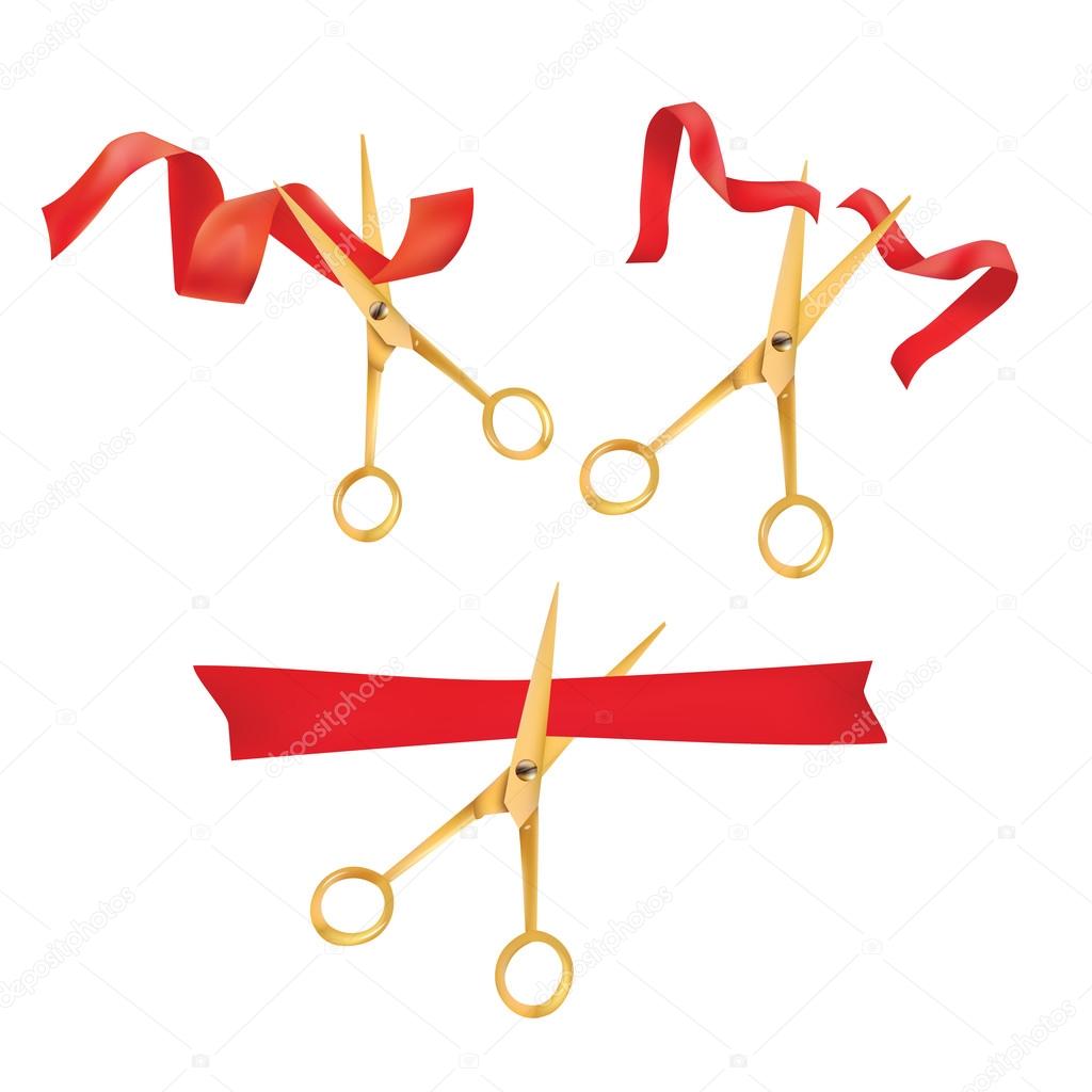 Golden scissors cut the red ribbon. The Symbol of the Grand Opening Event. Vector Object Set. Design Element.