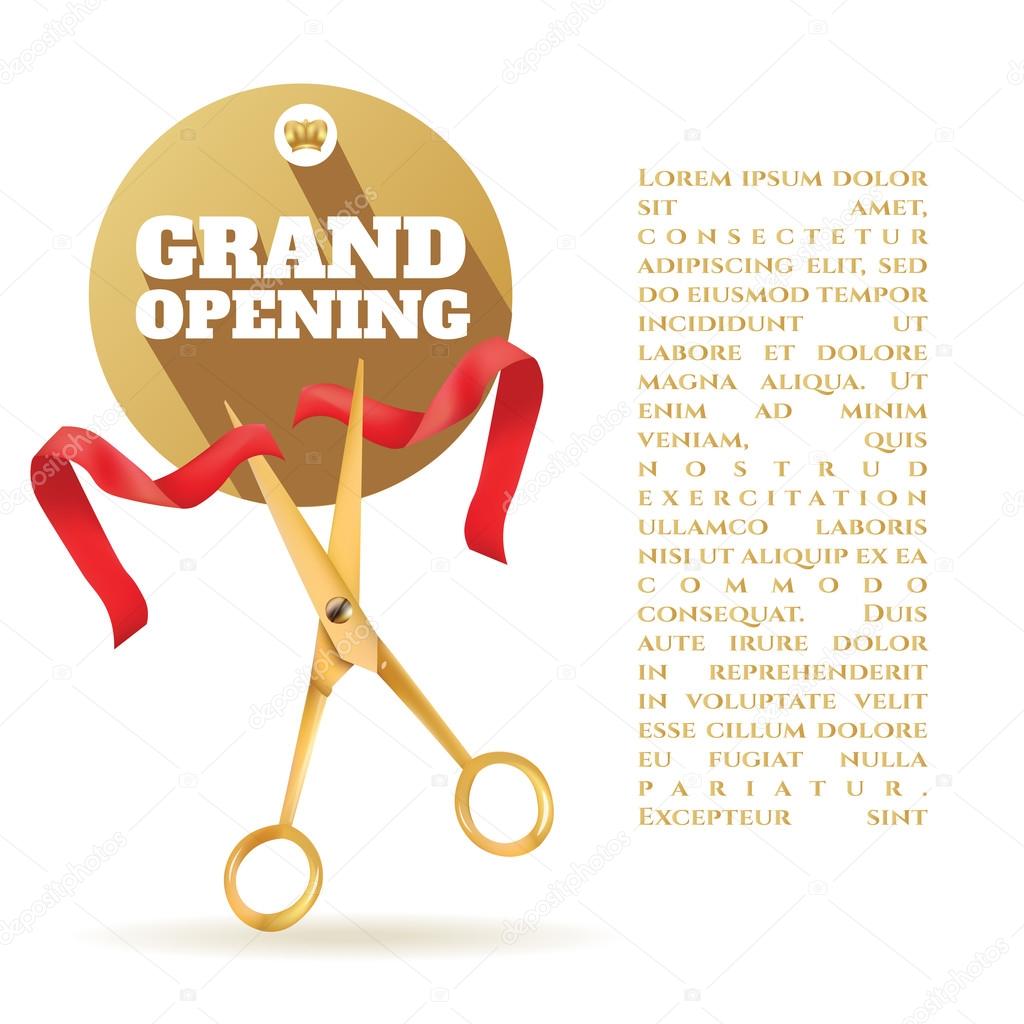 Golden scissors cut the red ribbon. The Symbol of the Grand Opening Event. Vector Object. Design Element. Title Grand Opening In Circle Gold Frame. Template for Card, Poster, Web, Invitation.