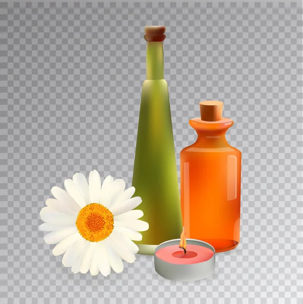 Botellas cosméticas de vidrio y vela con manzanilla. Aislamiento vectorial — Archivo Imágenes Vectoriales