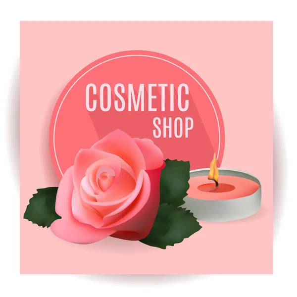 Tienda de cosméticos con vela y rosa. Plantilla para tienda de cosméticos, salón de spa, paquete de productos de belleza, tratamiento médico. Tarjetas de invitación, Vales, Publicidad, Negocios . — Vector de stock