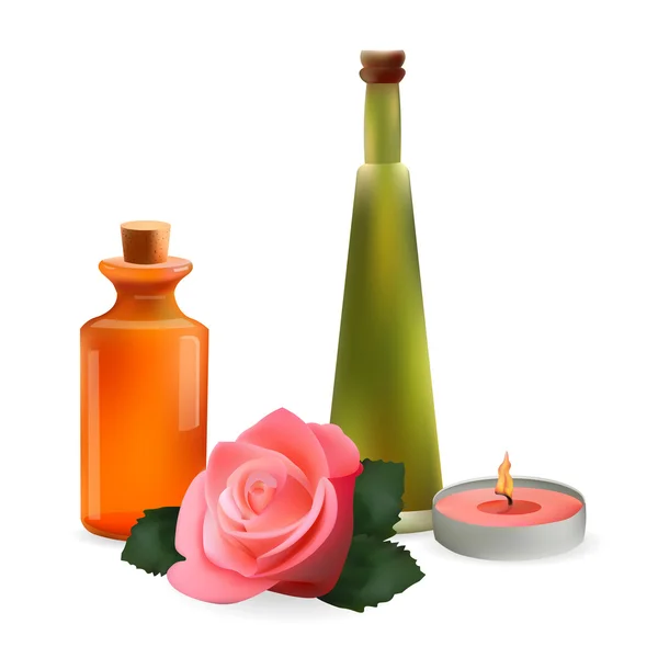 Üveg kozmetikai palackok és gyertya Rose Flower. Vektor izolált illusztráció. Sablon elemek kozmetikai Shop, Spa szalon, kozmetikai termékek csomag, orvosi ellátás kezelése. — Stock Vector