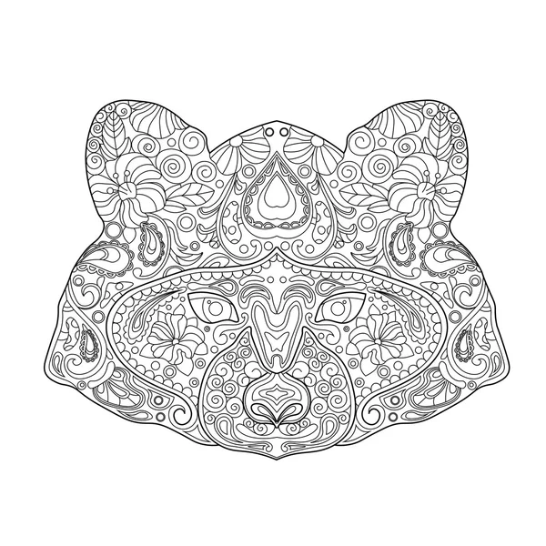 Cabeza de mapache dibujada a mano adornada étnica de Zentagle. Ilustración vectorial de Doodle de tinta en blanco y negro. Bosquejo para tatuaje, póster, impresión o camiseta. Relajante libro para colorear para adultos y niños . — Vector de stock