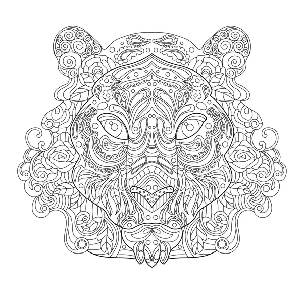 Ethnic Zentagle Ornate Hand Drawn Tiger Head. Black and White Ink Doodle Vector Illustration. Sketch for Tattoo, Poster, Print or t-shirt. Relaxing Coloring Book for Adult and Children. — Stock Vector