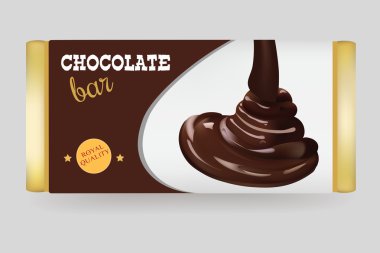 Çikolata bar Tasarım Şablonu Beyaz Arka Plan Yalıtılmış. Ambalaj üzerine Sıvı Dökme Çikolata ve metin. Vektör İllüstrasyonu