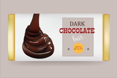 Çikolata bar Tasarım Şablonu Beyaz Arka Plan Yalıtılmış. Ambalaj üzerine Sıvı Dökme Çikolata ve metin. Vektör İllüstrasyonu