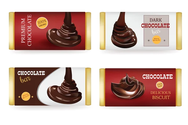 Chocoladereep ontwerp templates geïsoleerd op witte achtergrond. Vloeibare gieten chocolade en tekst op de verpakking — Stockvector