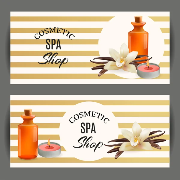 Botella cosmética de aceite con vainilla y vela. Tienda de cosméticos de plantillas, salón de spa, paquete de productos de belleza, tratamiento médico. Tarjetas de invitación, Vales, Publicidad, Negocios . — Vector de stock