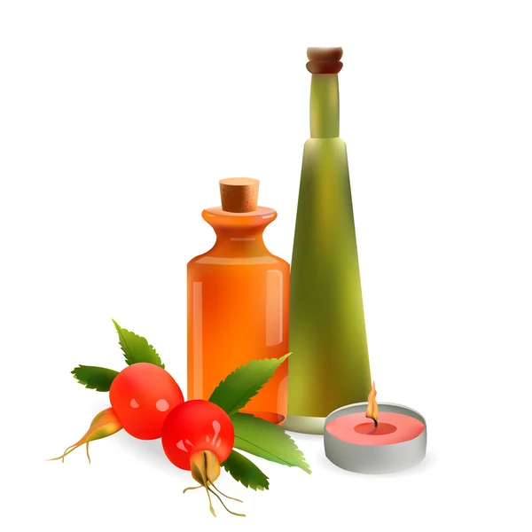 Kosmetikflaschen aus Glas und Kerze mit Hagebutte. Vektorisolierte Illustration. Vorlagenelemente für Kosmetik-Geschäft, Wellness-Salon, Beauty-Produkte Paket, medizinische Behandlung. — Stockvektor