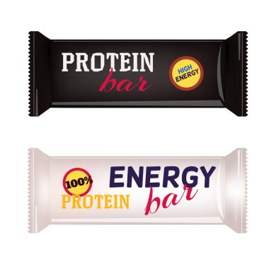 Vektör gıda ambalajlama için Protein Bar, bisküvi, gofret, kraker, şeker, çikolata Bar, çikolata, aperatifler. Çikolata bar tasarım izole beyaz arka plan. Sıvı çikolata kalp şeker.