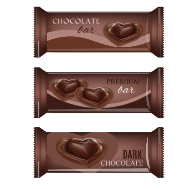 Vektör gıda ambalaj bisküvi, gofret, kraker, şeker, çikolata Bar, çikolata, aperatifler. Çikolata bar tasarım izole beyaz arka plan. Sıvı çikolata kalp şeker.