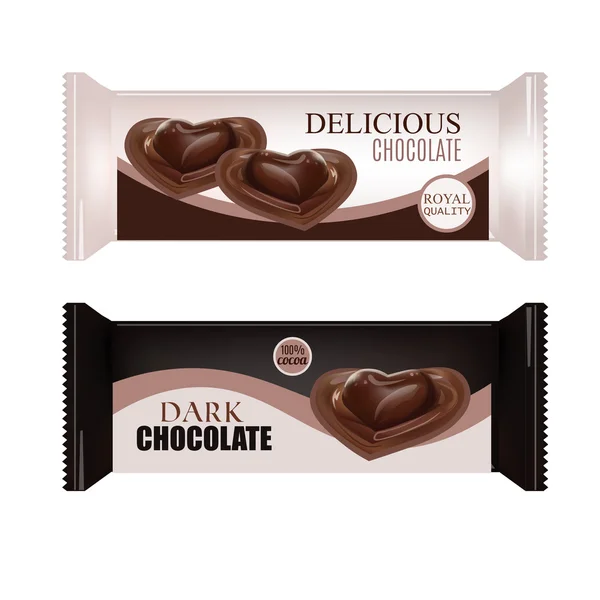 Συσκευασία τροφίμων διάνυσμα για μπισκότο, γκοφρέτα, κράκερ, γλυκά, σοκολάτα μπαρ, Candy Bar, σνακ. Σοκολάτα μπαρ απομονωθεί σε λευκό φόντο με σχέδιο. Υγρό σοκολάτας καρδιά καραμέλα. — Διανυσματικό Αρχείο